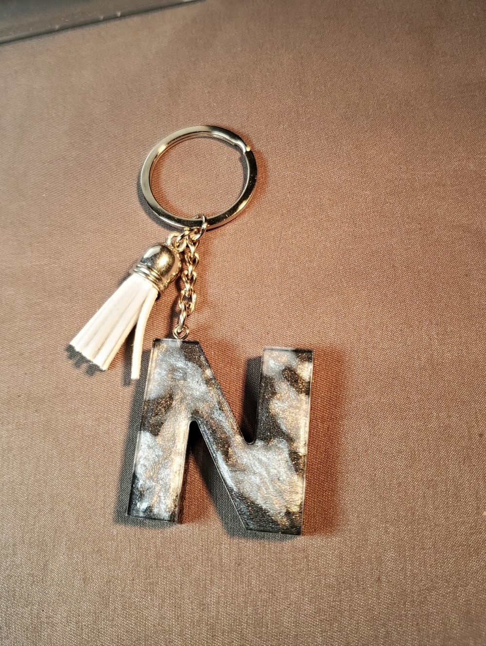 Handmade Black & Silver Marble Initial "N" Resin Keychain with White Tassel 